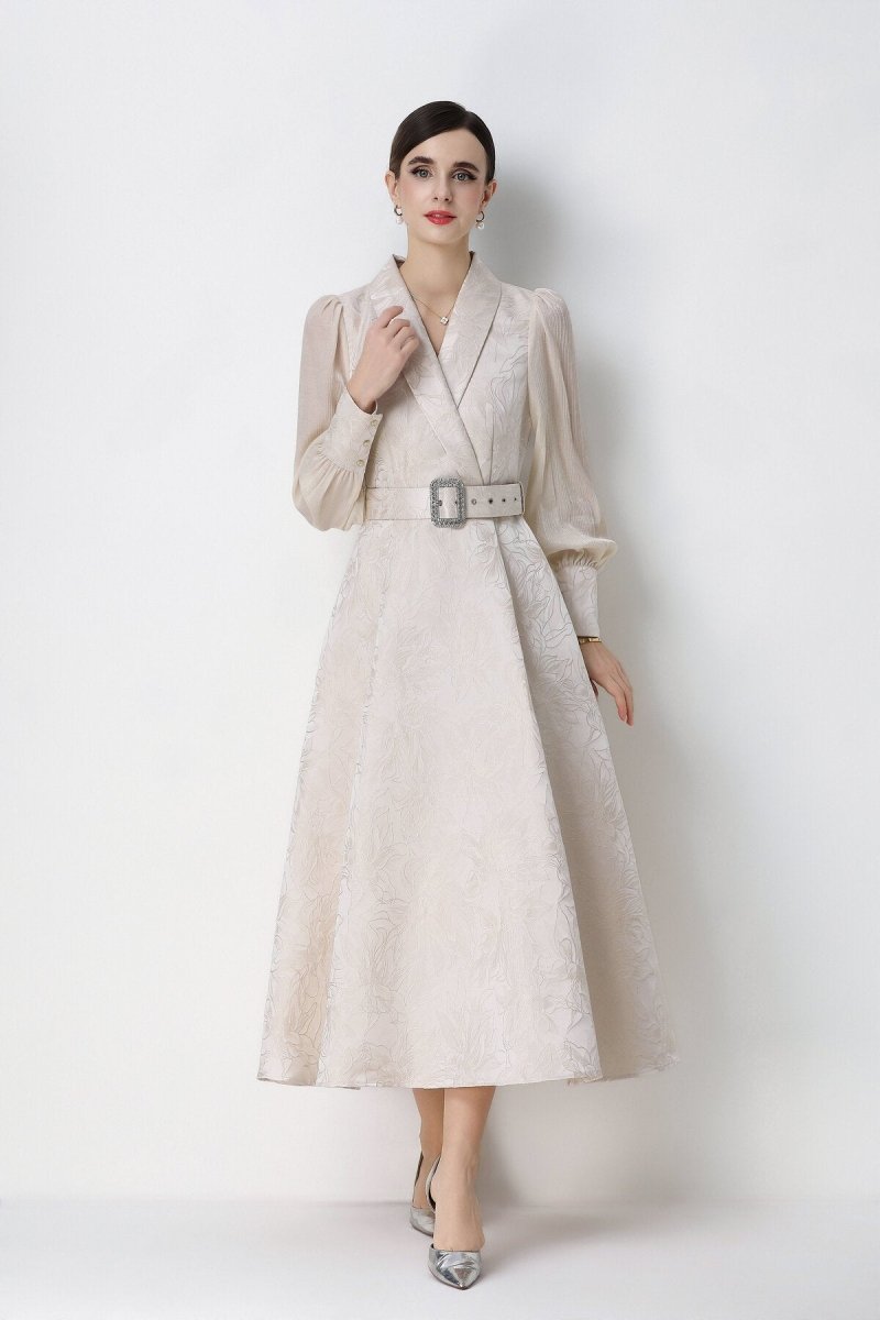 Women's Elegant Jacquard Wrap Midi Dress with Belted Waist
