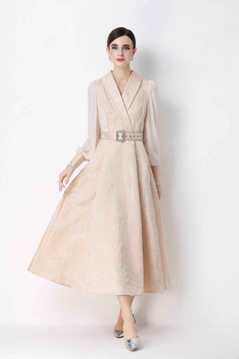 Women's Elegant Jacquard Wrap Midi Dress with Belted Waist