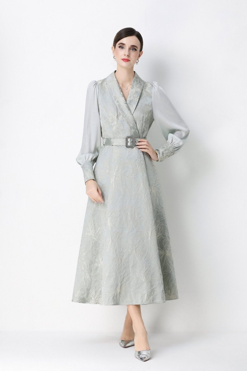 Women's Elegant Jacquard Wrap Midi Dress with Belted Waist