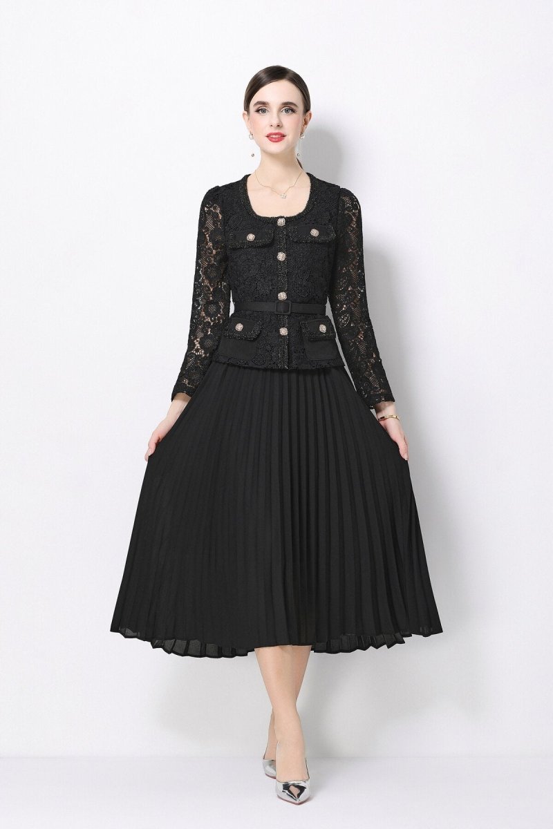 Women's Elegant Lace Pleated Midi Dress with Belted Waist