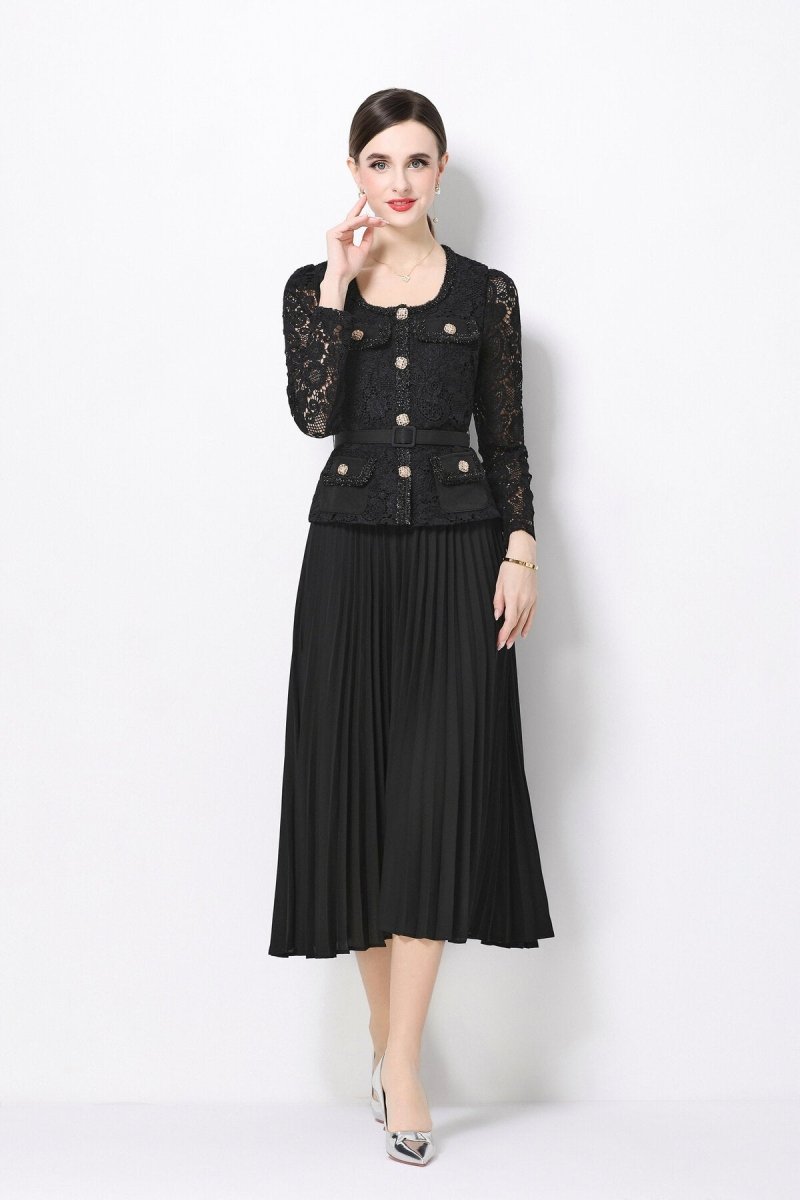 Women's Elegant Lace Pleated Midi Dress with Belted Waist