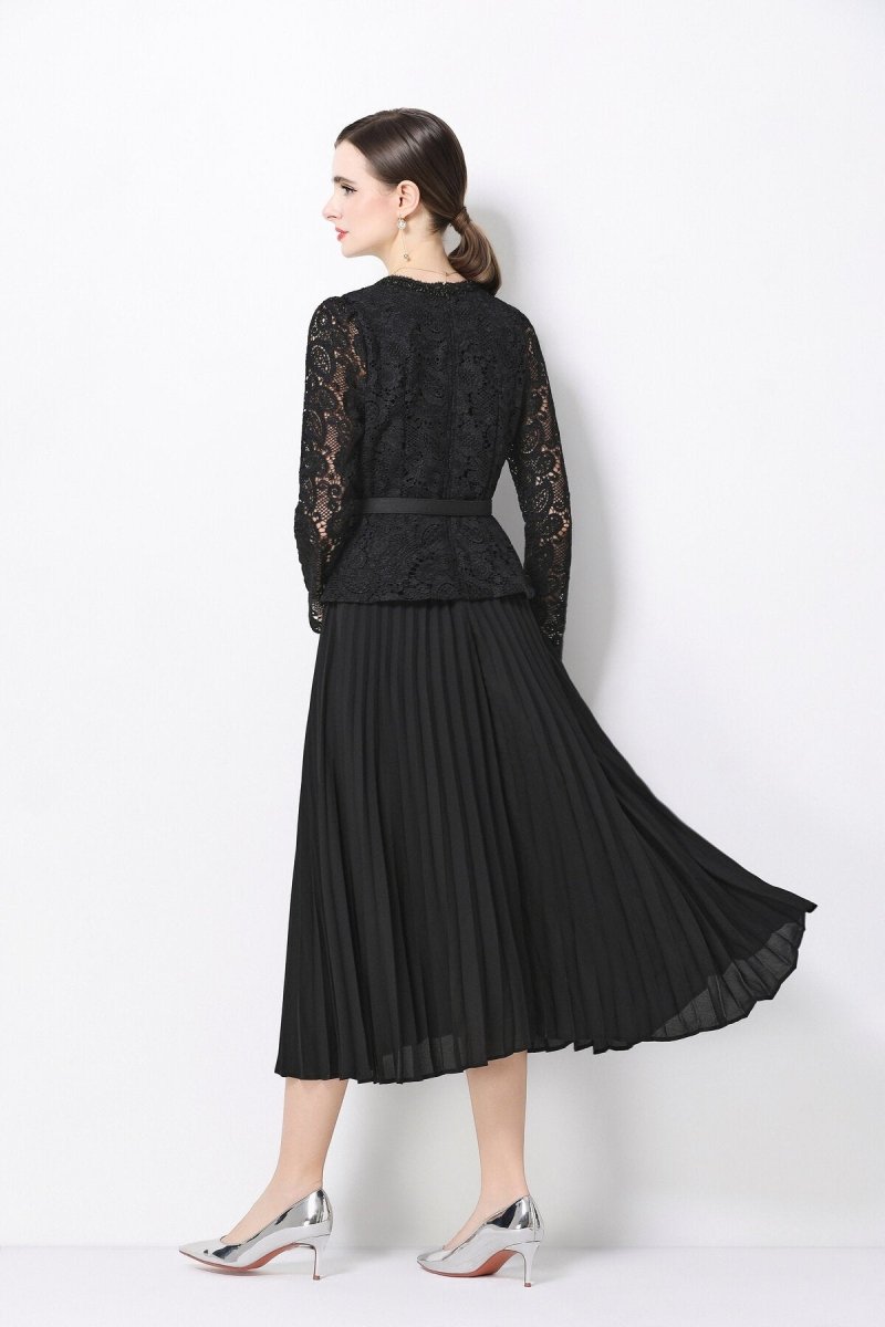 Women's Elegant Lace Pleated Midi Dress with Belted Waist