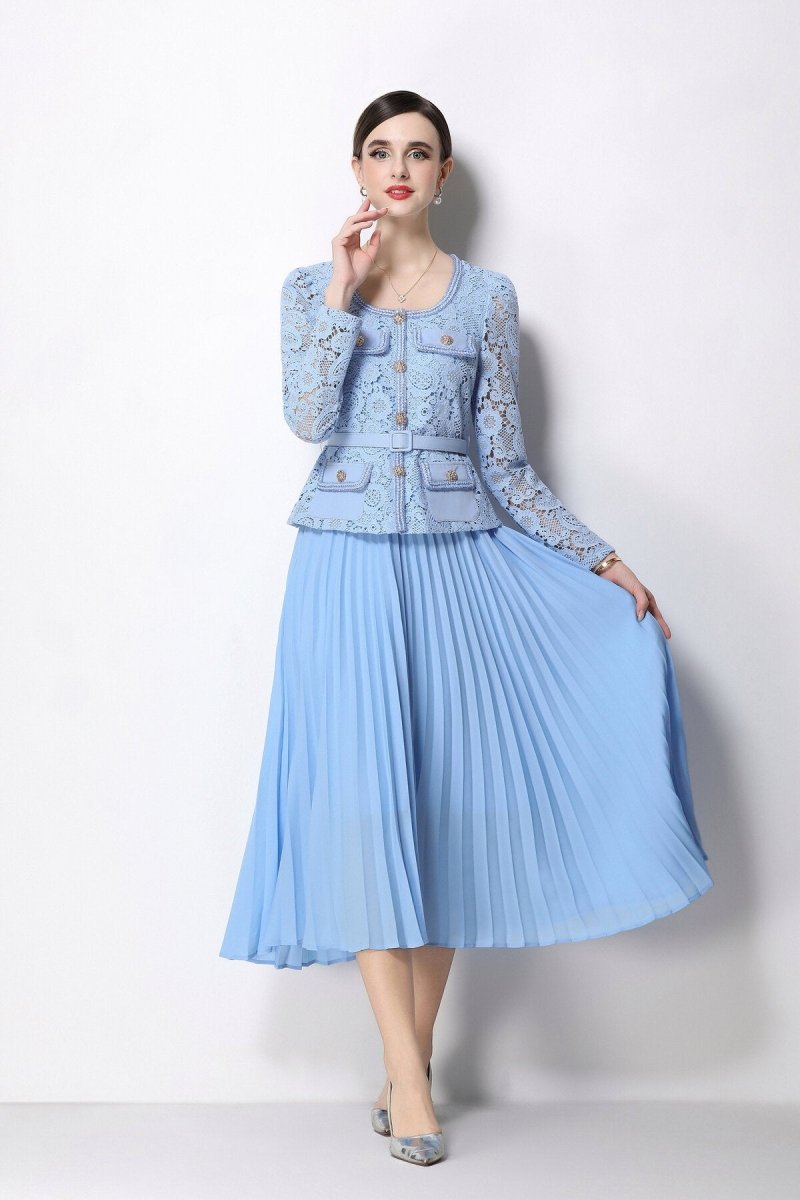 Women's Elegant Lace Pleated Midi Dress with Belted Waist