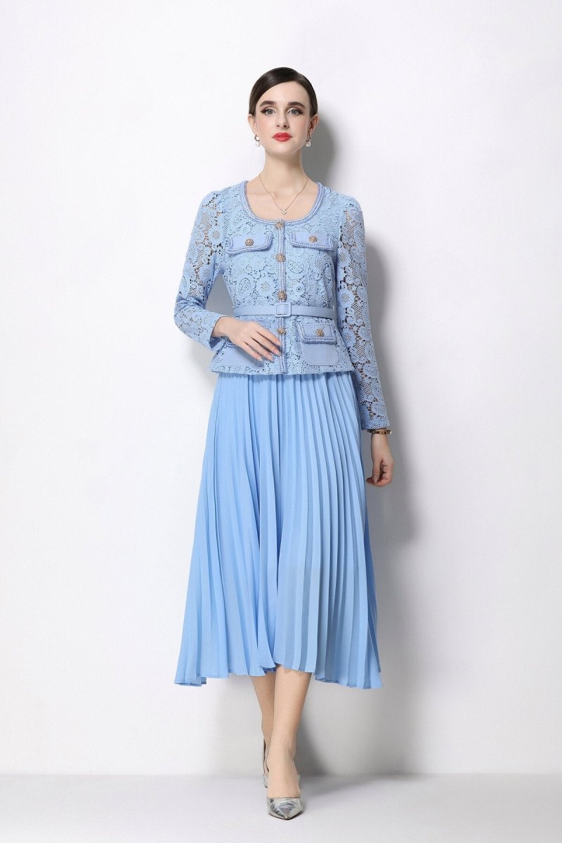 Women's Elegant Lace Pleated Midi Dress with Belted Waist