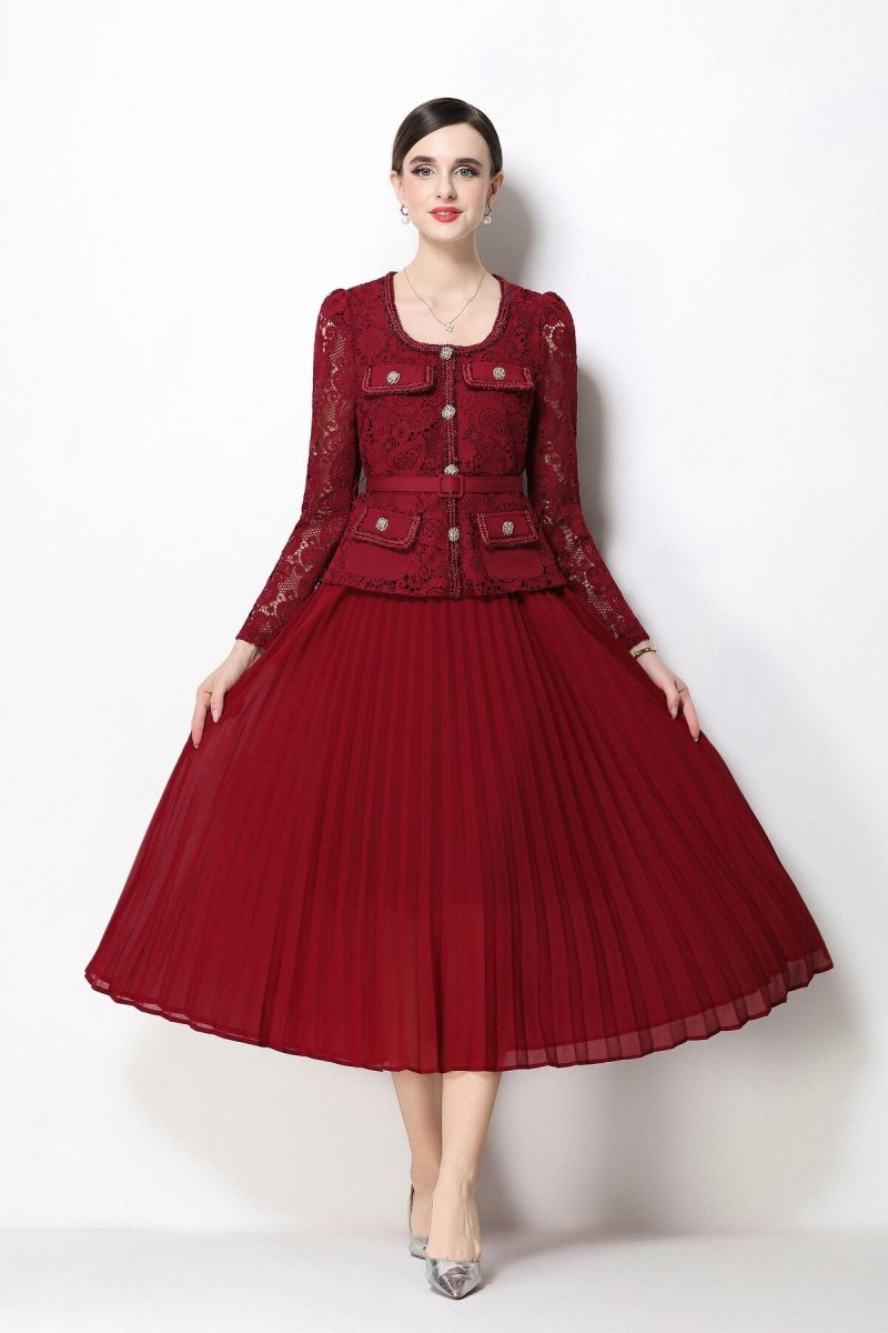 Women's Elegant Lace Pleated Midi Dress with Belted Waist