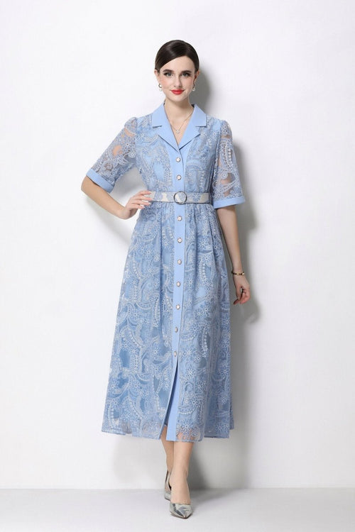 Women's Elegant Lace Shirt Midi Dress with Belted Waist