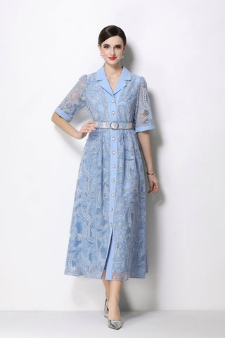 Women's Elegant Lace Shirt Midi Dress with Belted Waist