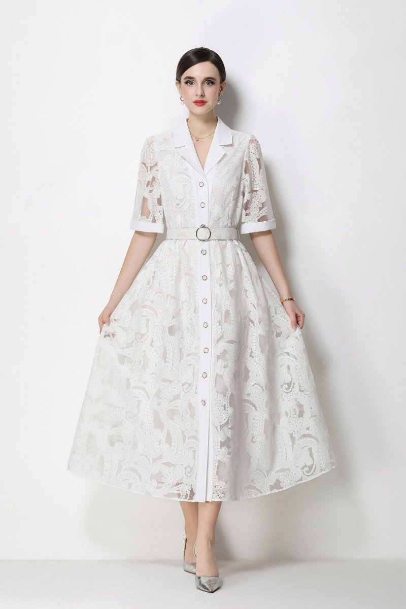 Women's Elegant Lace Shirt Midi Dress with Belted Waist