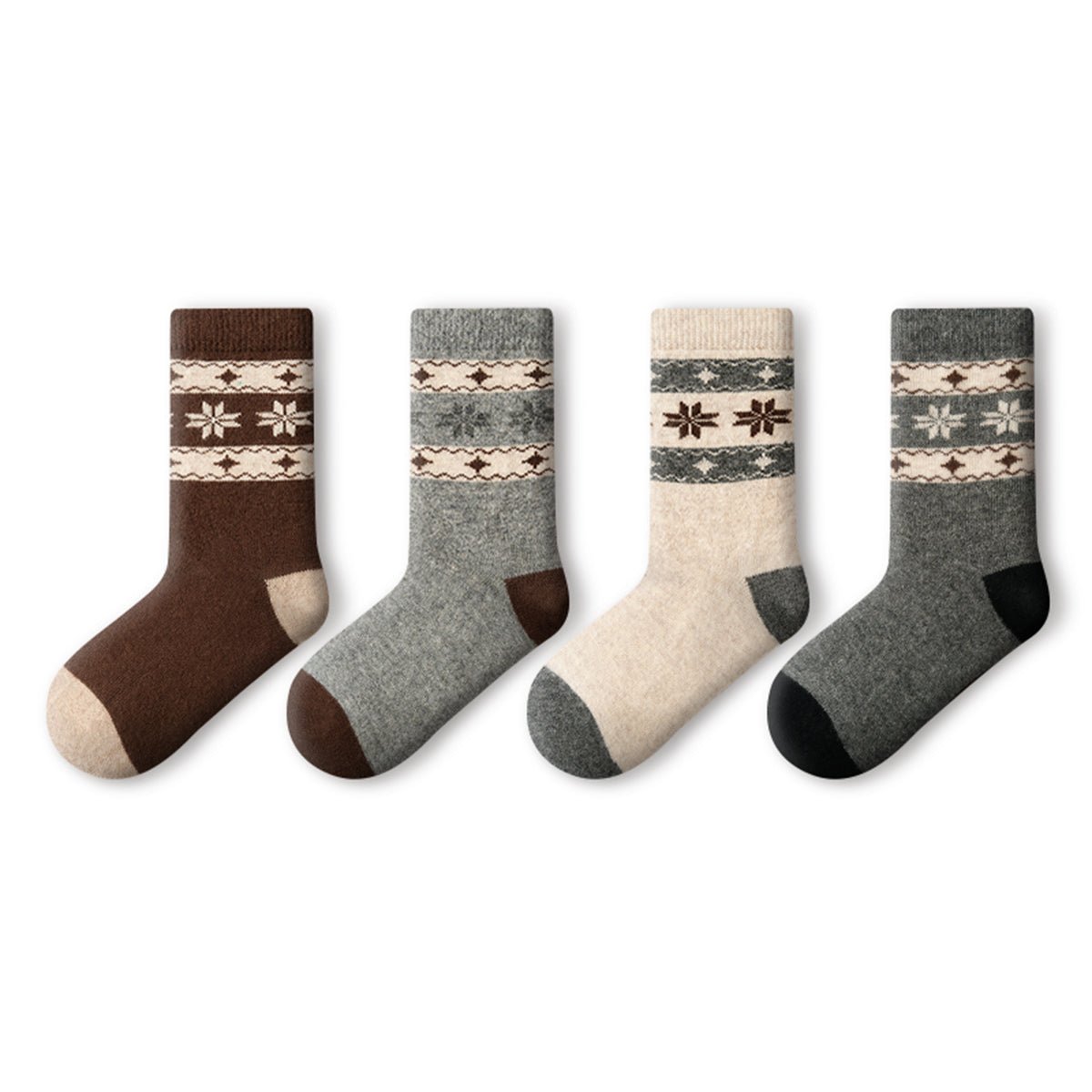 Women's Fair Isle Snowflake Wool Mid - Calf Socks - 4 Pair Winter Set