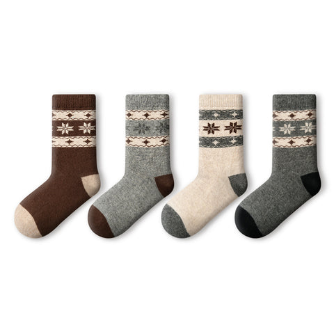 Women's Fair Isle Snowflake Wool Mid-Calf Socks - 4 Pair Winter Set