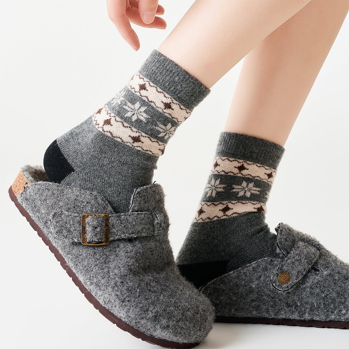 Women's Fair Isle Snowflake Wool Mid - Calf Socks - 4 Pair Winter Set