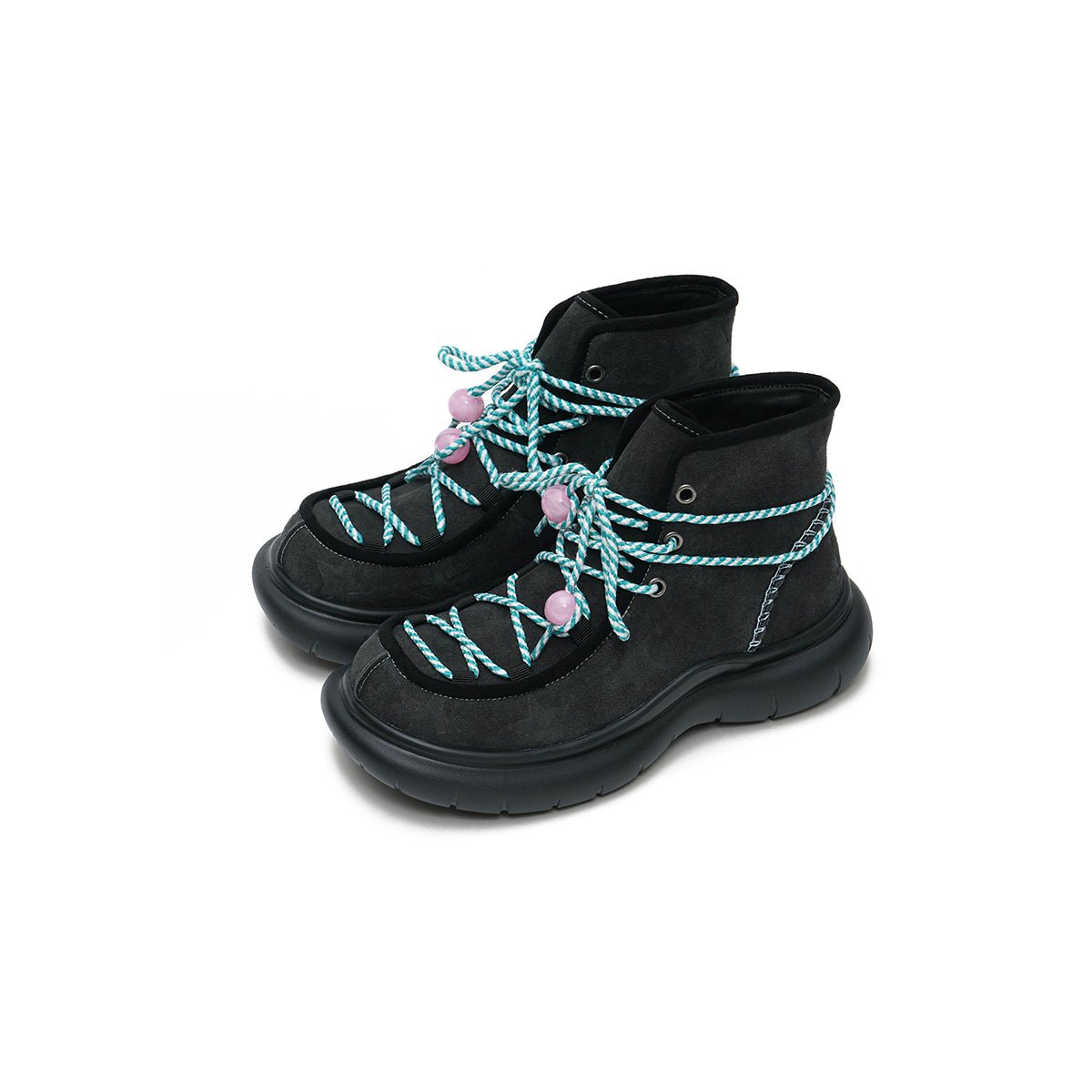 Women's Fleece - Lined Star Suede Platform Ankle Boots – Beaded Rope Lace Chunky Boots