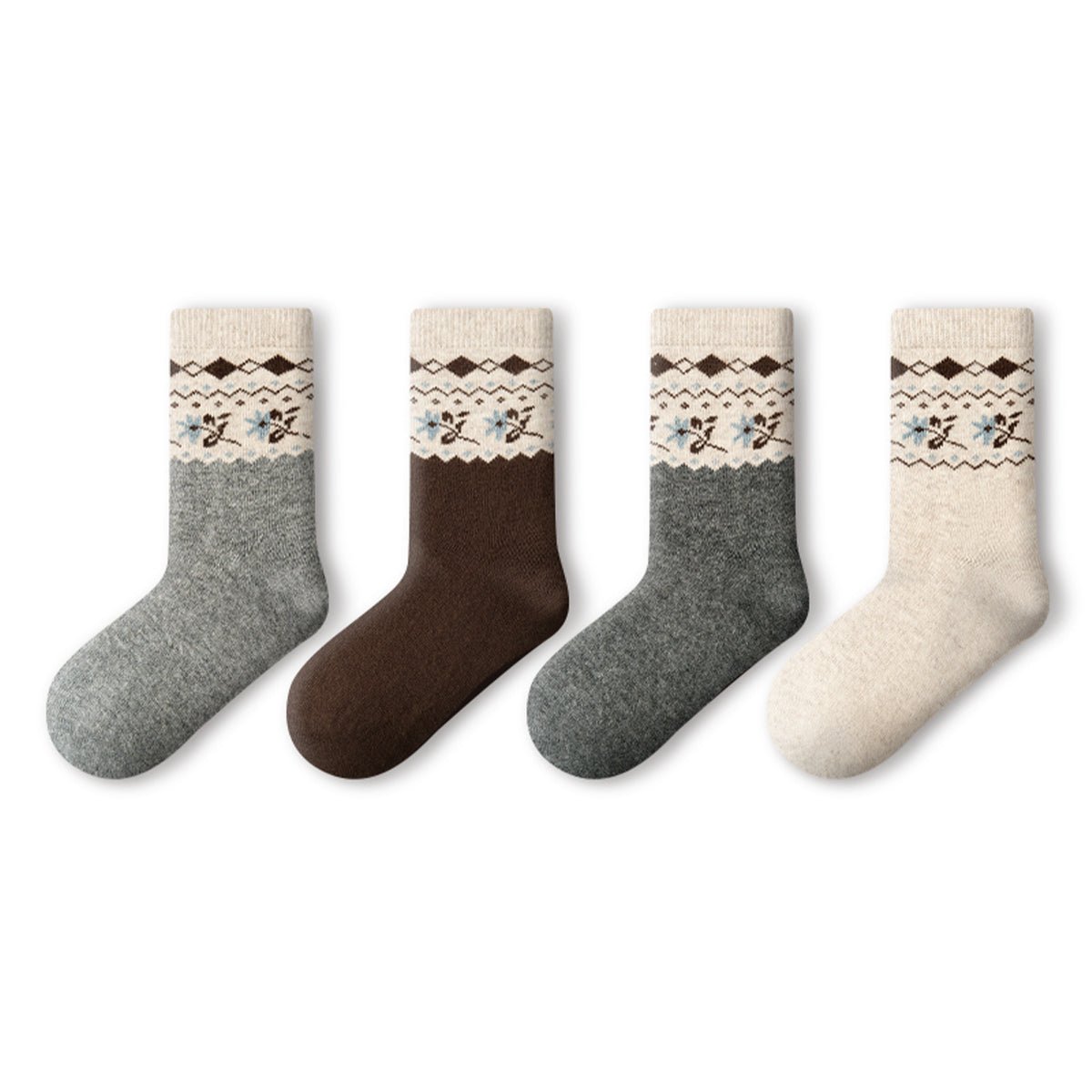 Women's Floral Fair Isle Wool Mid - Calf Socks - 4 Pair Winter Set