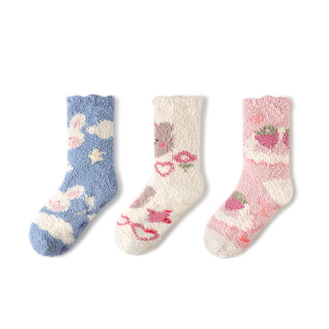 Women's Healing Cute Coral Velvet Mid-Calf Socks – 3-Pair Autumn & Winter Set