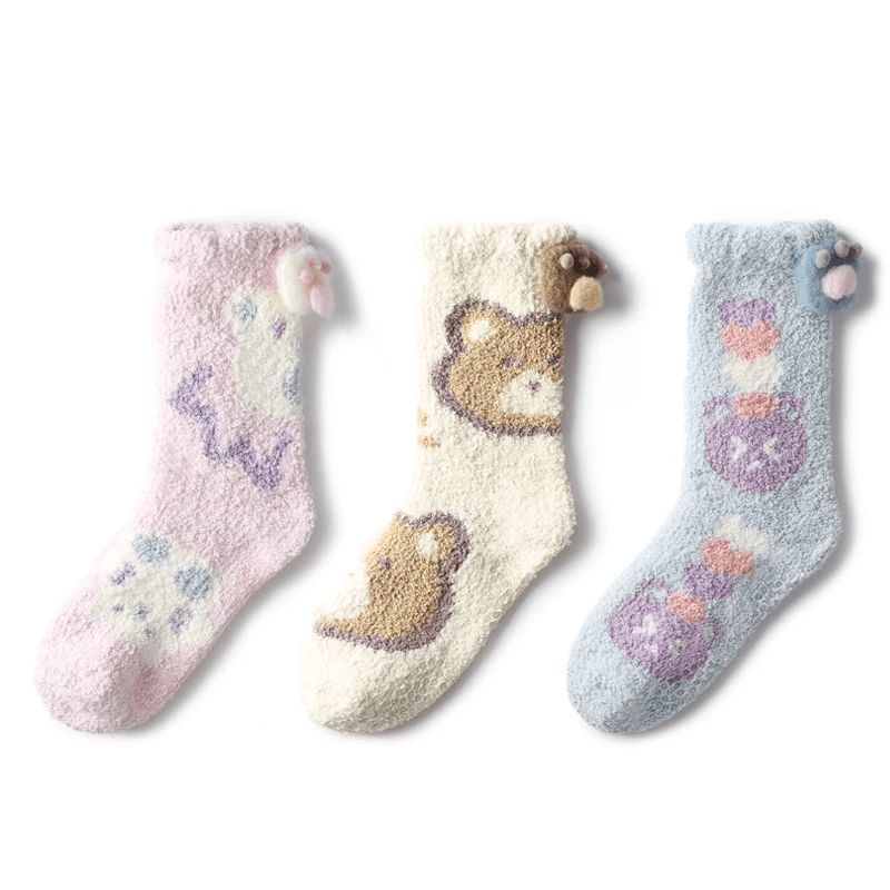 Women's Healing Cute Coral Velvet Mid - Calf Socks – 3 - Pair Autumn & Winter Set