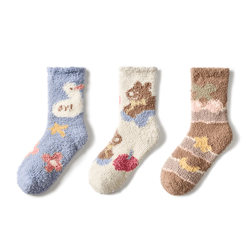 Women's Healing Cute Coral Velvet Mid - Calf Socks – 3 - Pair Autumn & Winter Set