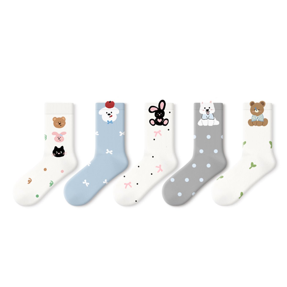 Women's Kawaii Animal Character Mid - Calf Socks - 5 Pair All - Season Set
