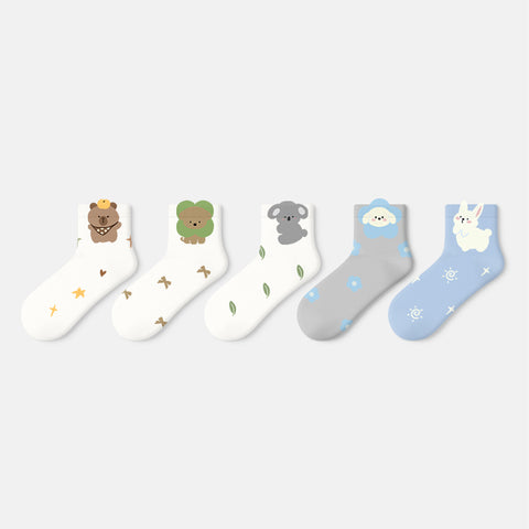 Women's Kawaii Animal Character Short Ankle Socks - 5 Pair Summer Set
