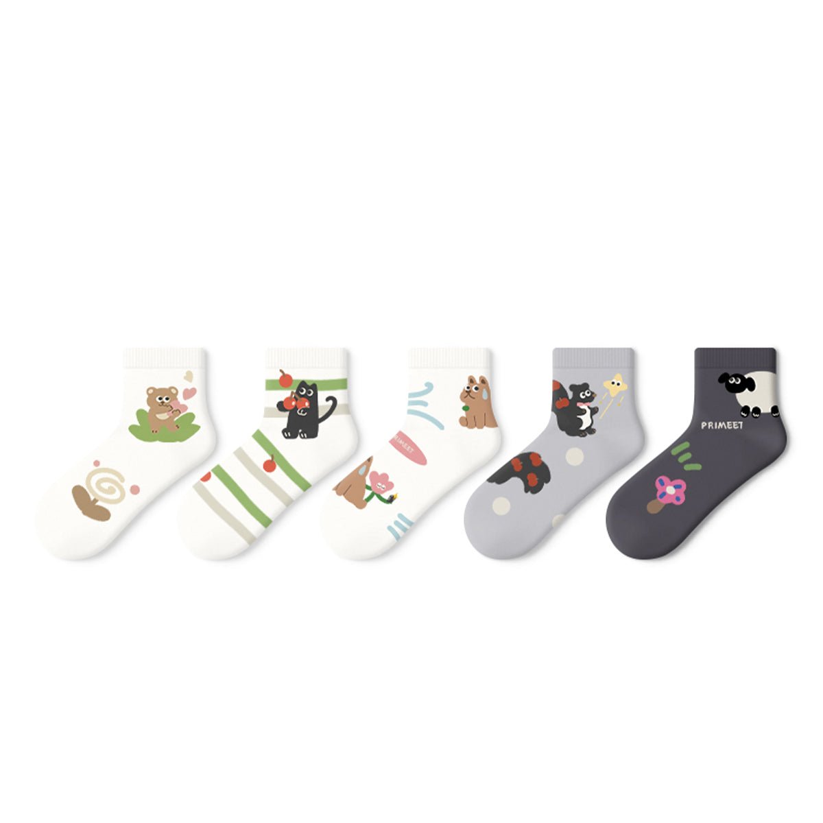 Women's Kawaii Animal Illustration Thin Crew Socks - 5 Pair Summer Set