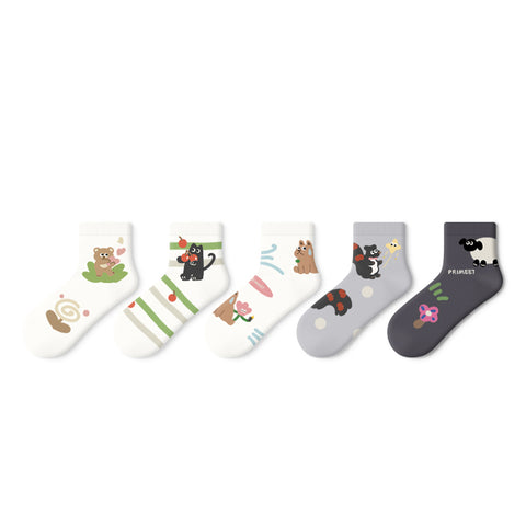 Women's Kawaii Animal Illustration Thin Crew Socks - 5 Pair Summer Set
