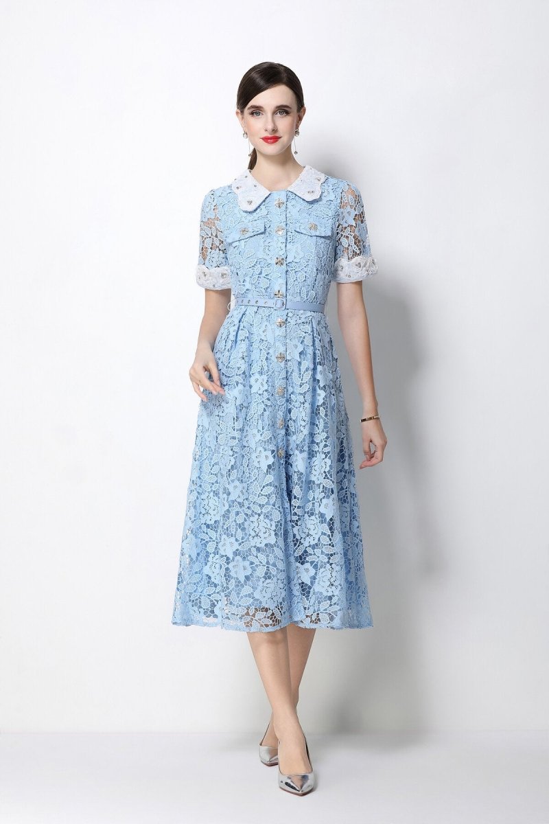 Women's Lace Midi Dress with Peter Pan Collar and Belted Waist