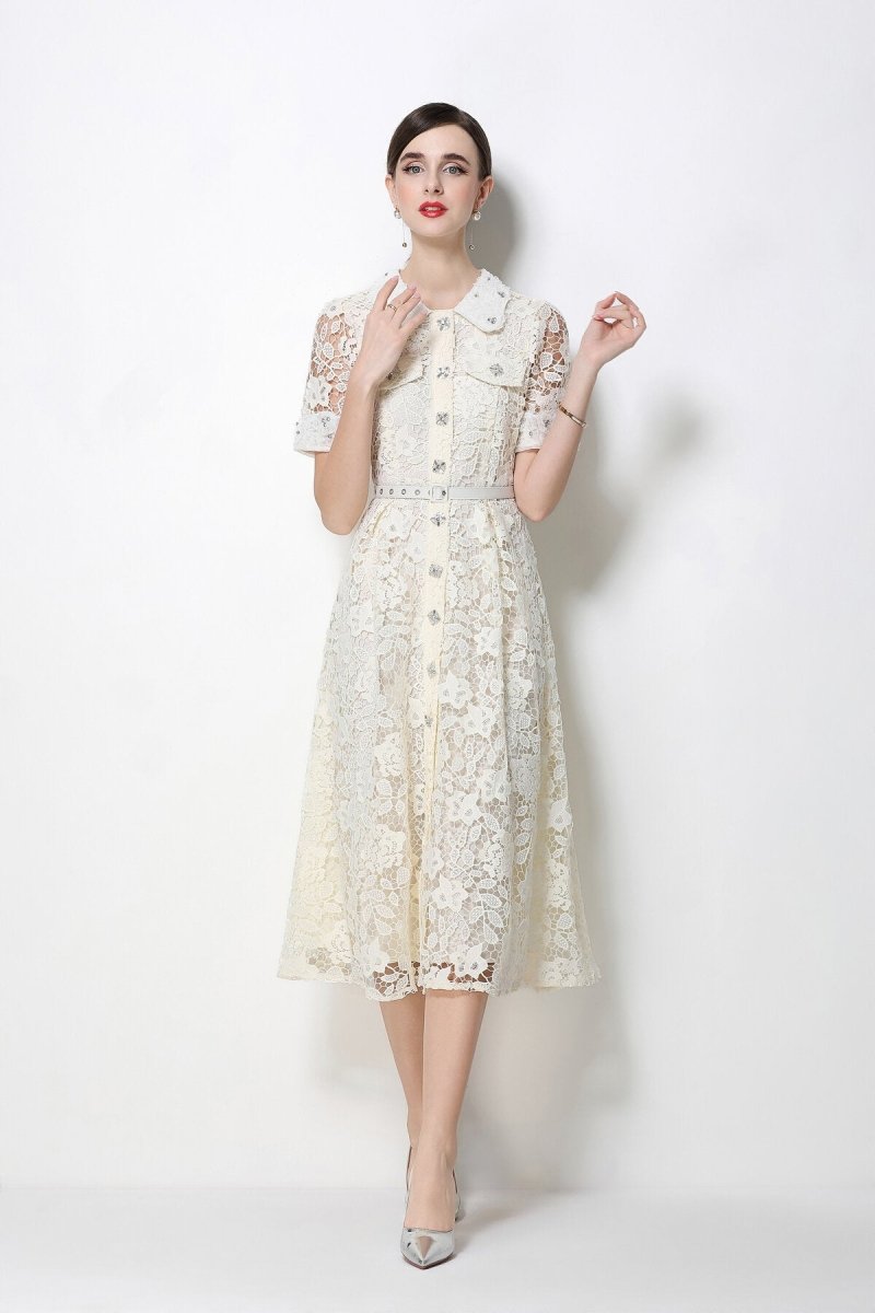 Women's Lace Midi Dress with Peter Pan Collar and Belted Waist