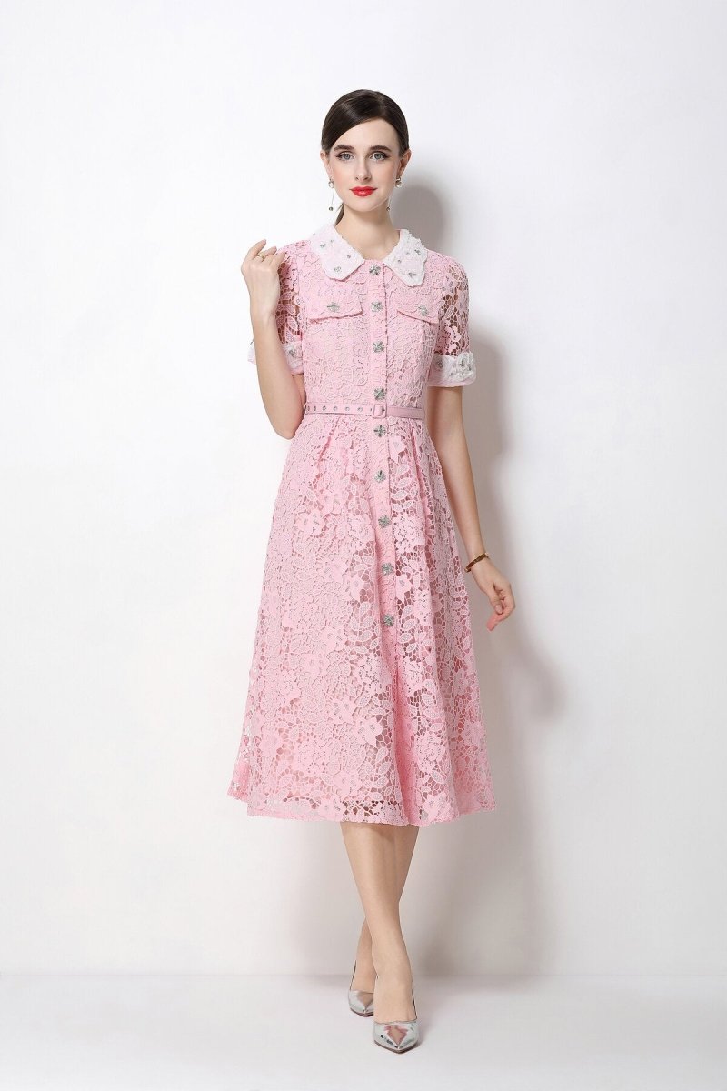 Women's Lace Midi Dress with Peter Pan Collar and Belted Waist