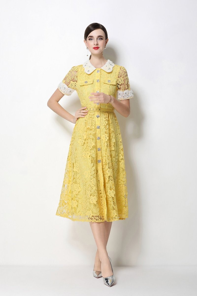 Women's Lace Midi Dress with Peter Pan Collar and Belted Waist