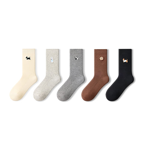 Women's Mini Animal Embroidery Ribbed Crew Socks - 5 Pair All-Season Set