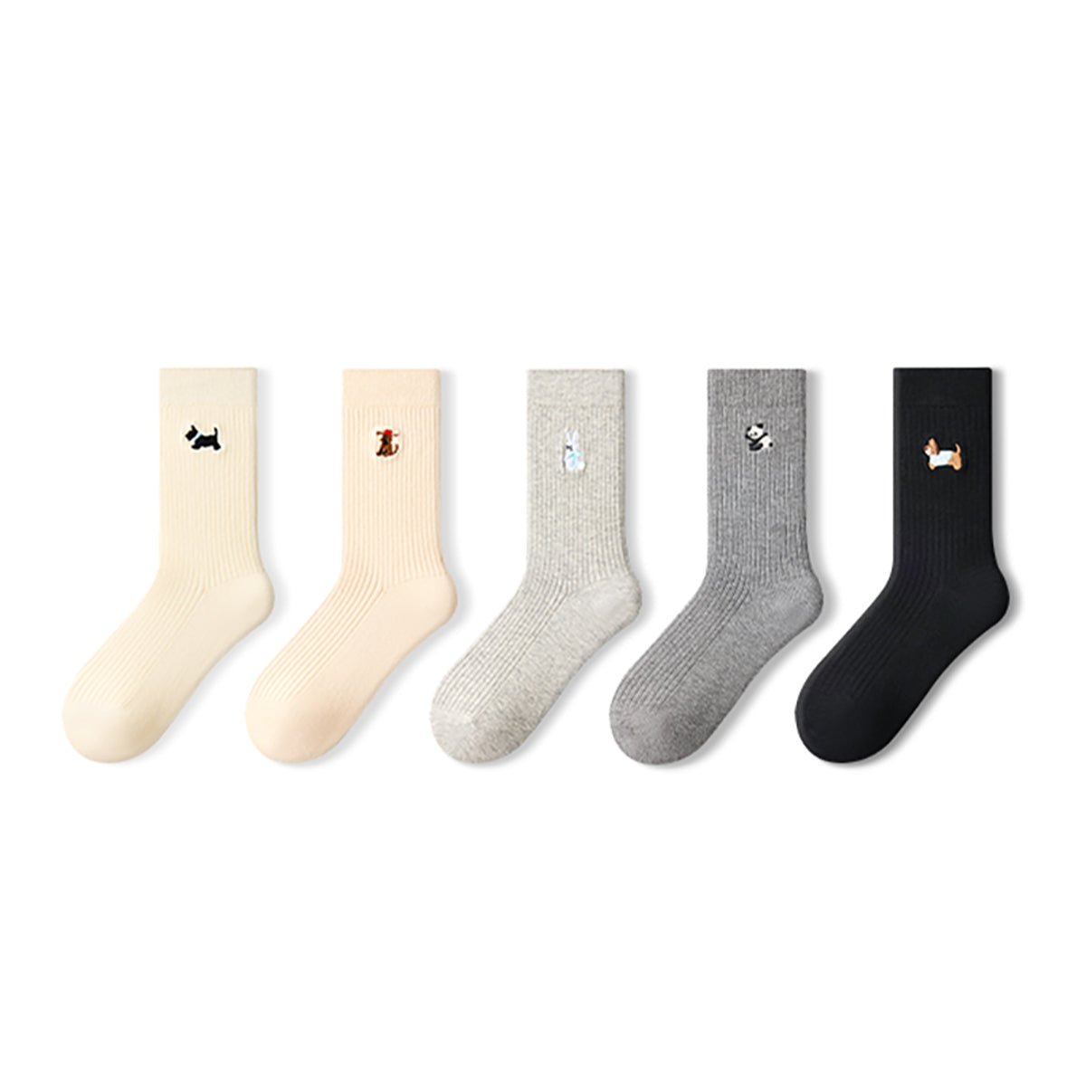 Women's Mini Animal Embroidery Ribbed Crew Socks - 5 Pair All - Season Set