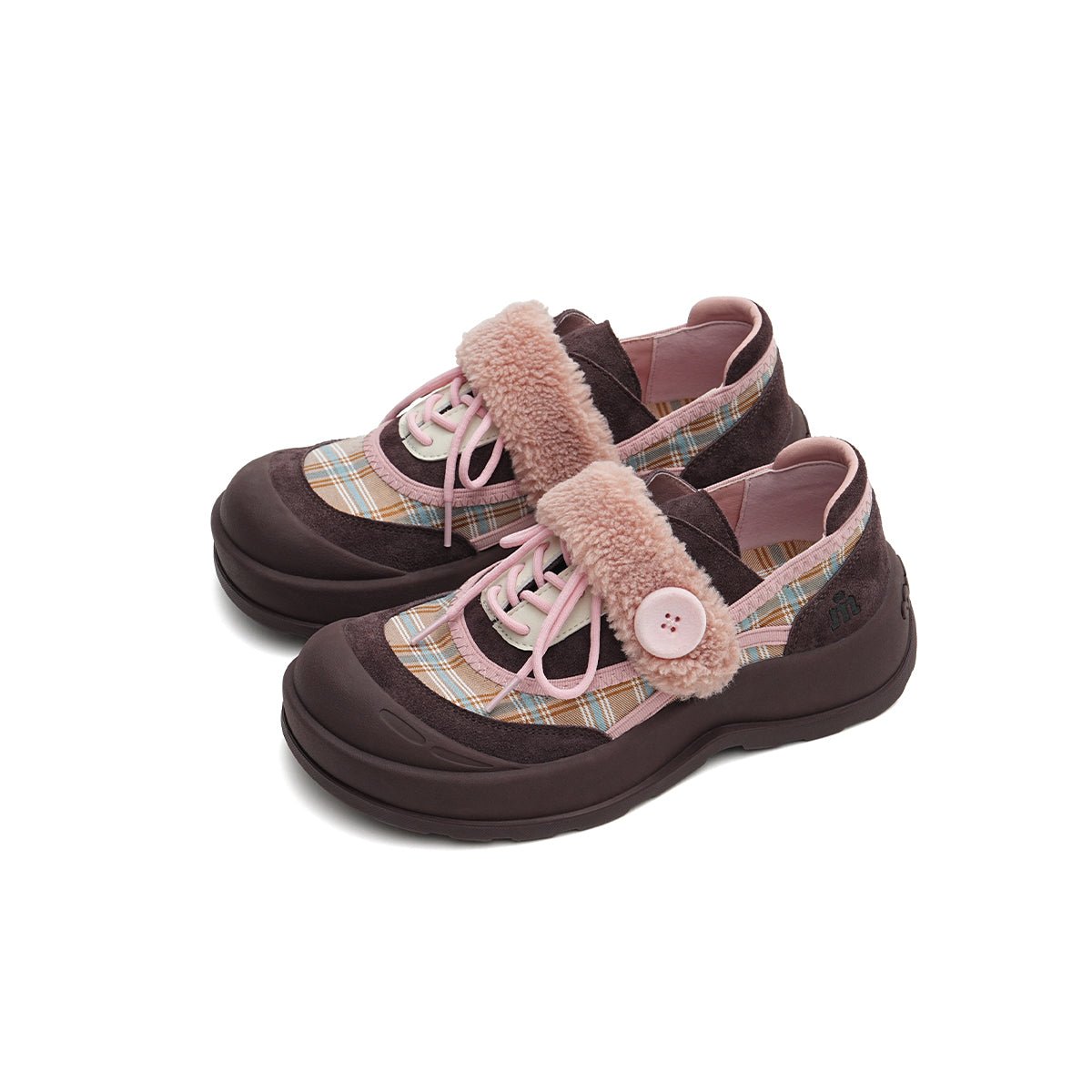 Women's Plaid Fleece - Lined Chunky Sneakers – Sherpa Strap Lace - Up Shoes