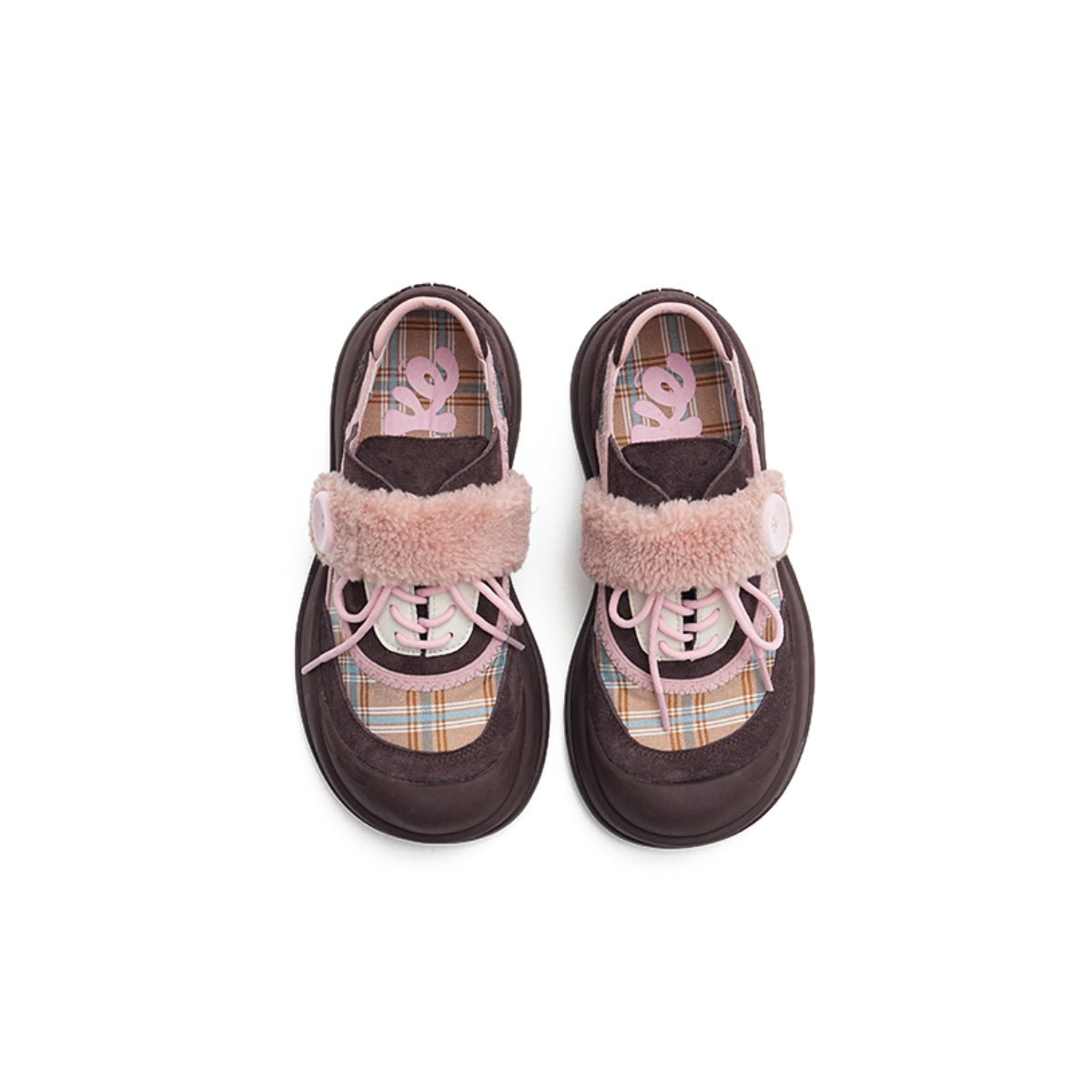 Women's Plaid Fleece - Lined Chunky Sneakers – Sherpa Strap Lace - Up Shoes