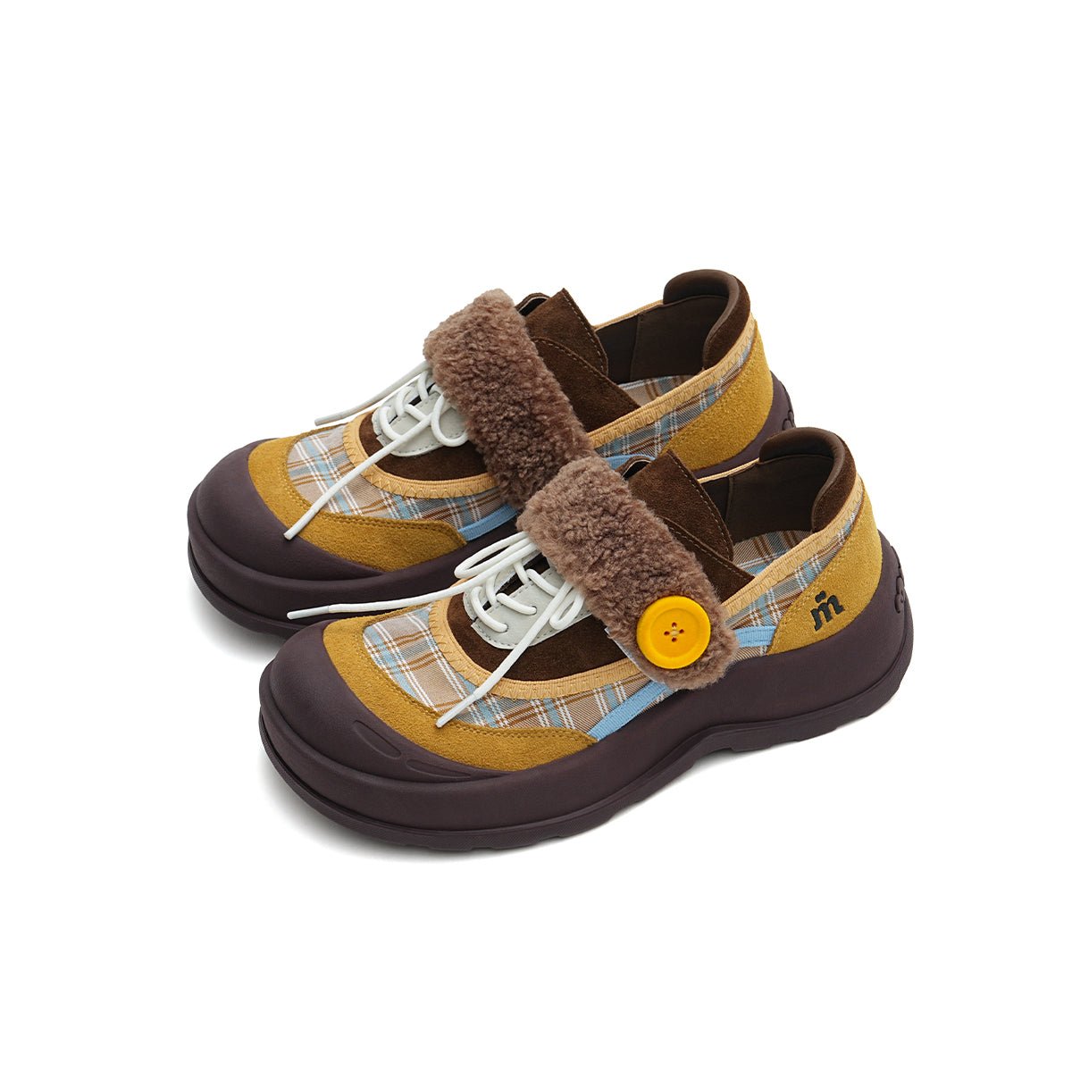 Women's Plaid Fleece - Lined Chunky Sneakers – Sherpa Strap Lace - Up Shoes