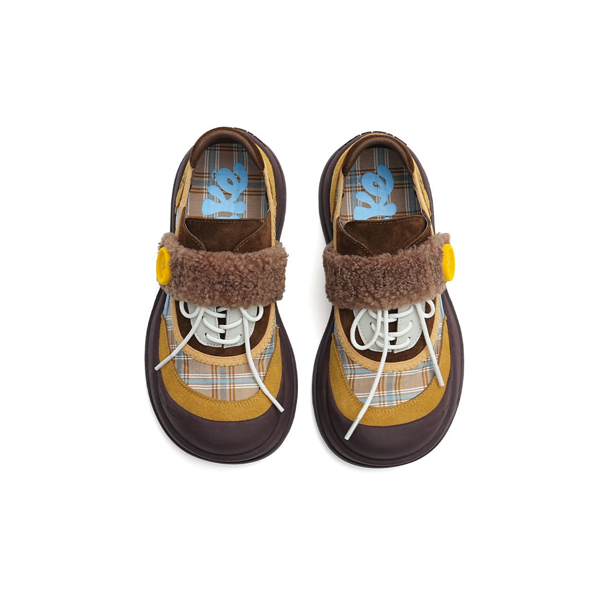 Women's Plaid Fleece - Lined Chunky Sneakers – Sherpa Strap Lace - Up Shoes