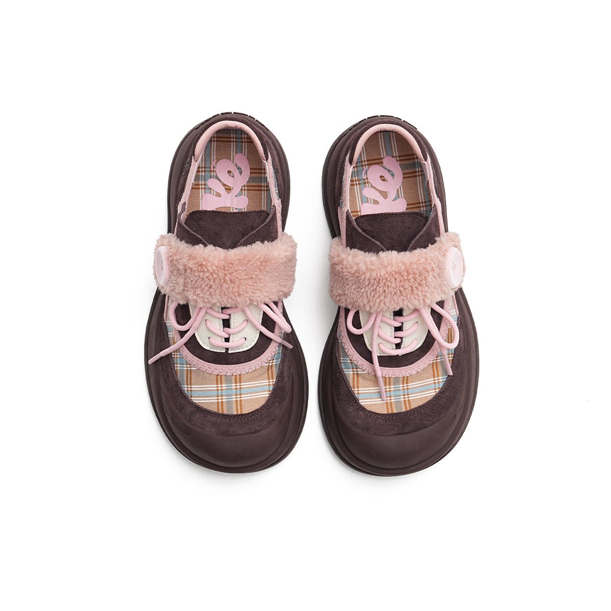 Women's Plaid Sherpa Chunky Sneakers – Cozy Lace - Up Shoes