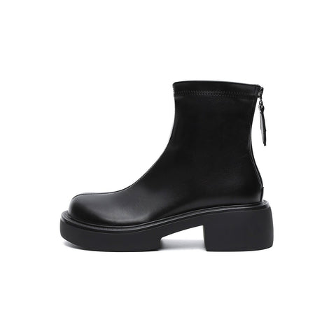 Women's Platform Ankle Boots – Black Leather Zip-Up