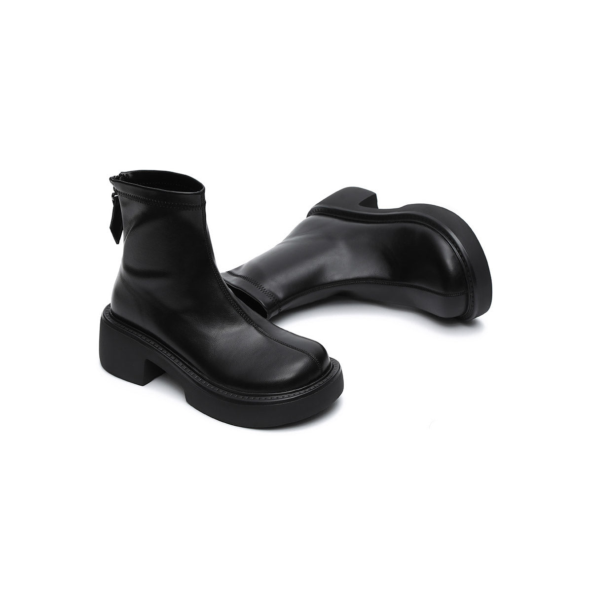 Women's Platform Ankle Boots – Black Leather Zip - Up