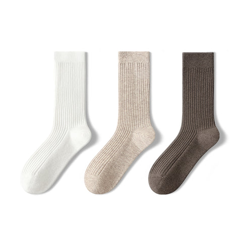 Winter Ribbed Wool Mid-Calf Socks – 3-Pair Pure Color Women's Set