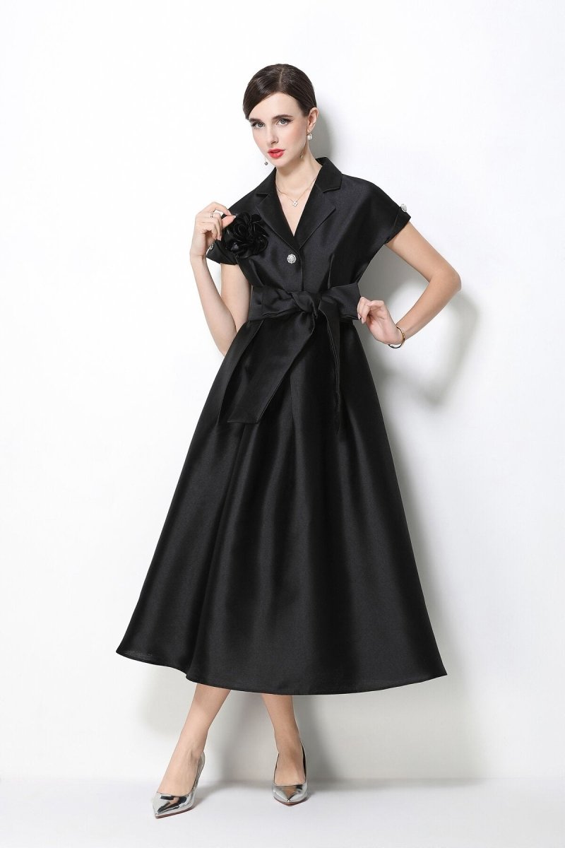 Women's Satin Midi Dress with Floral Brooch and Bow Waist