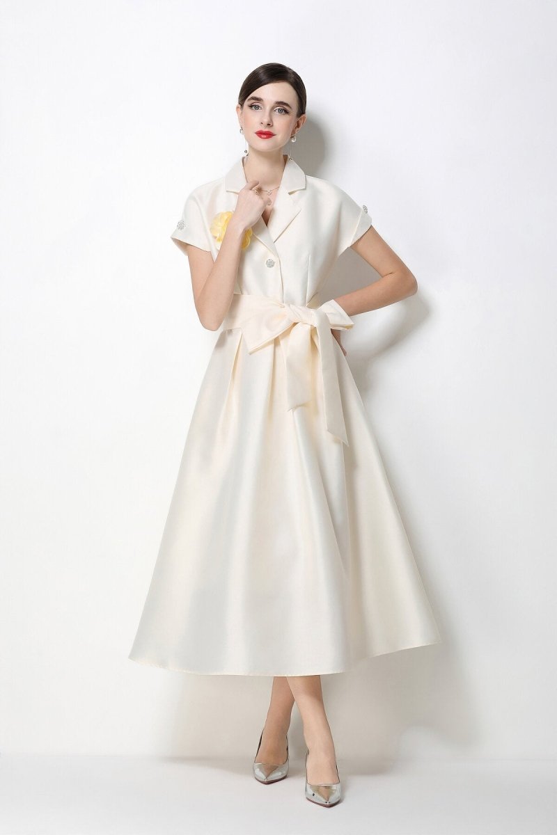 Women's Satin Midi Dress with Floral Brooch and Bow Waist