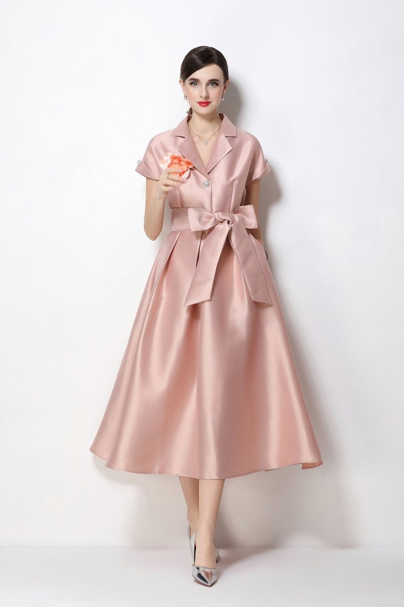 Women's Satin Midi Dress with Floral Brooch and Bow Waist