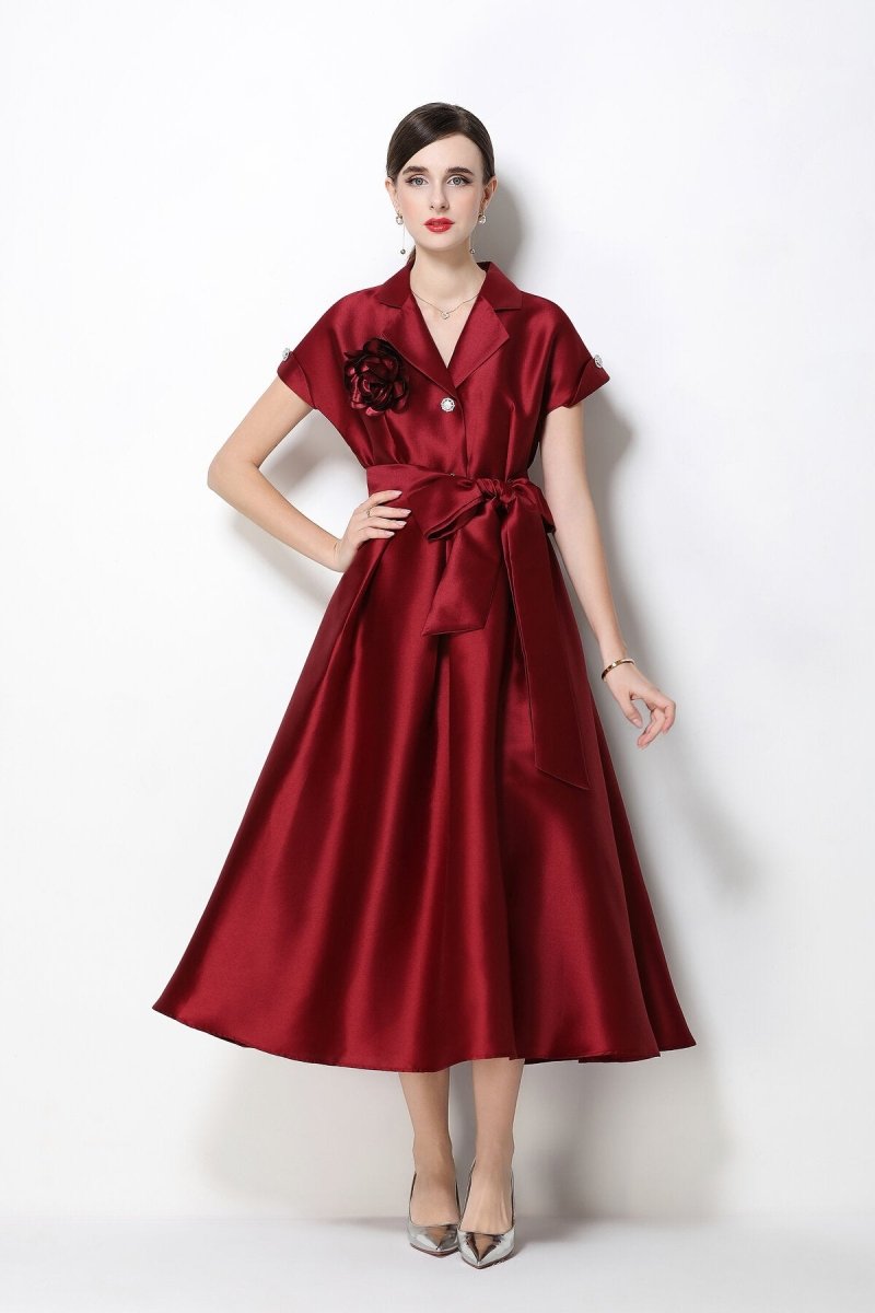 Women's Satin Midi Dress with Floral Brooch and Bow Waist