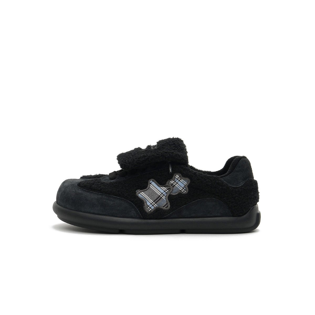 Women's Sherpa Velcro Sneakers – Plaid Star Patch Cozy Winter Shoes