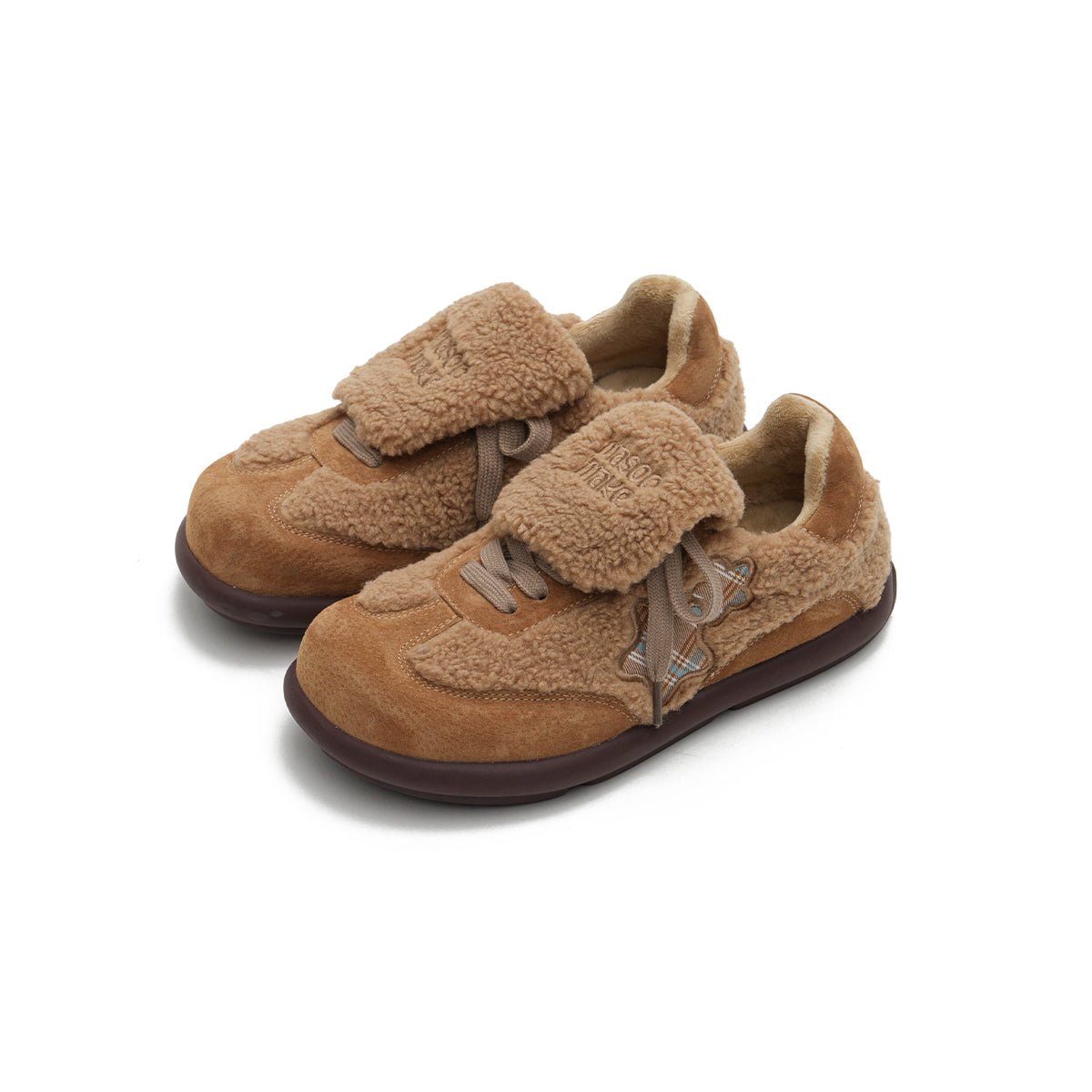 Women's Sherpa Velcro Sneakers – Plaid Star Patch Cozy Winter Shoes