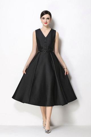 Women's Sleeveless Satin Midi Dress with Belted Waist