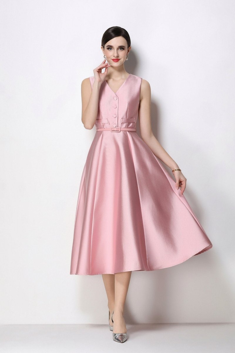 Women's Sleeveless Satin Midi Dress with Belted Waist