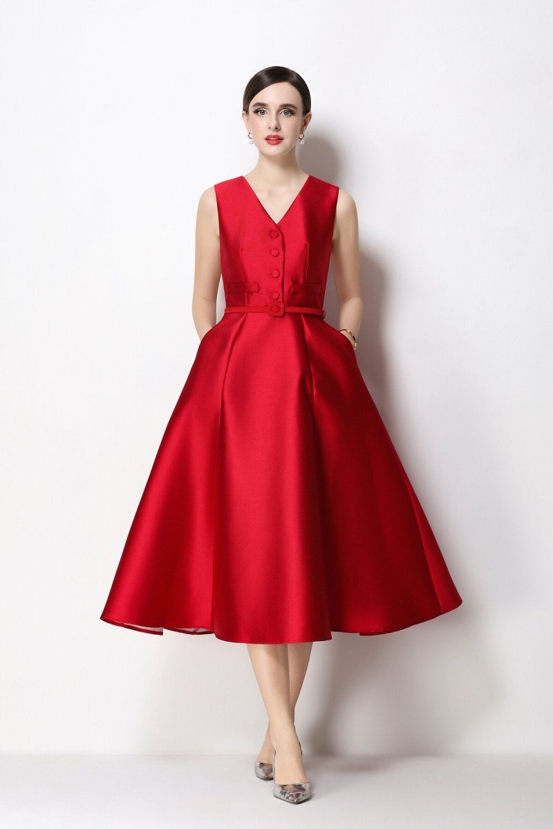 Women's Sleeveless Satin Midi Dress with Belted Waist