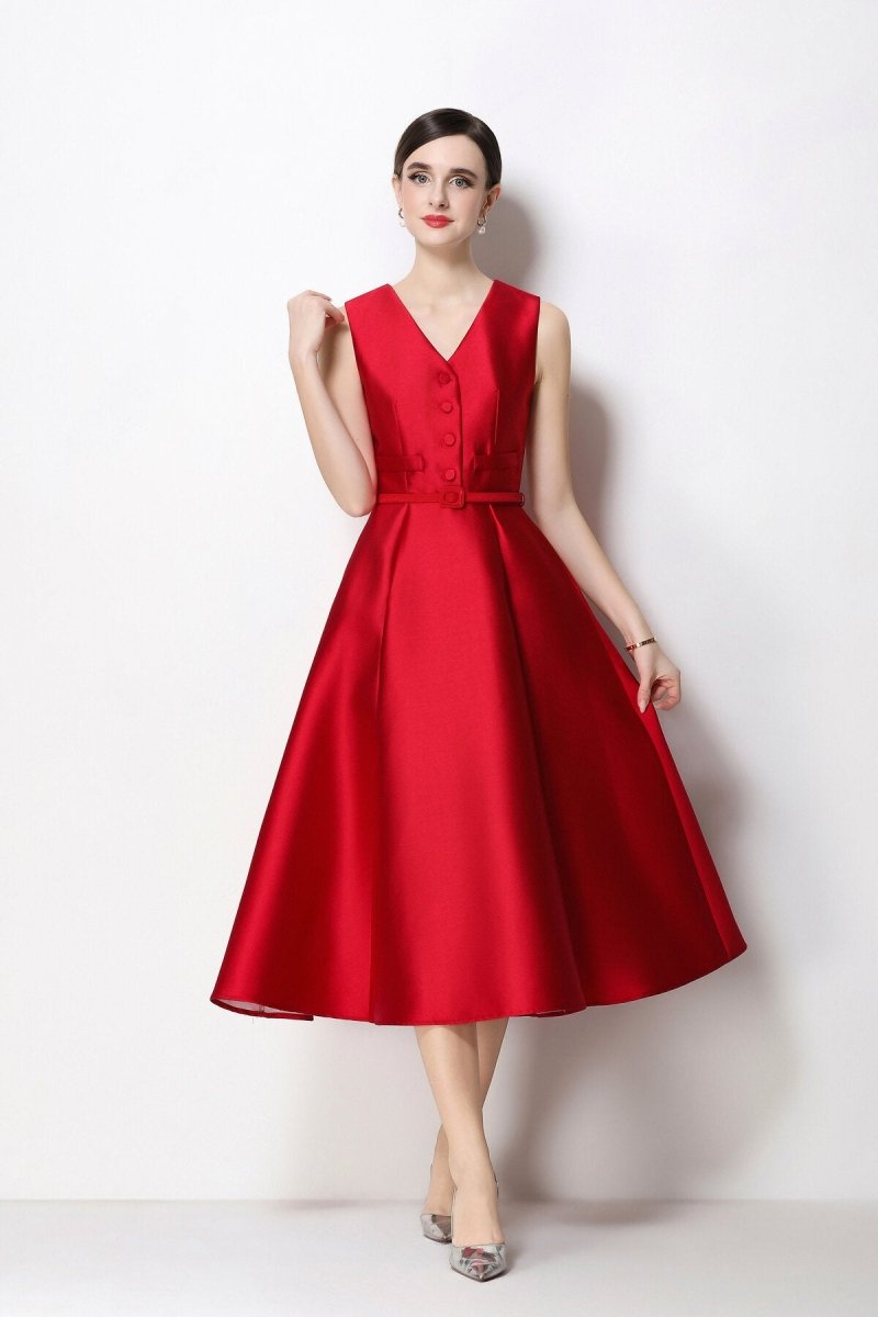 Women's Sleeveless Satin Midi Dress with Belted Waist