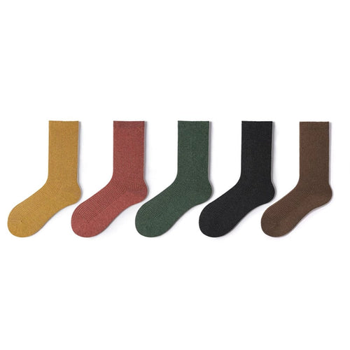 Women's Solid Ribbed Wool Mid - Calf Socks - 5 Pair Winter Set