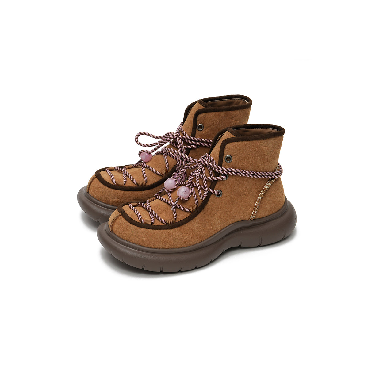 Women's Star Embossed Platform Ankle Boots – Beaded Rope Lace Chunky Boots